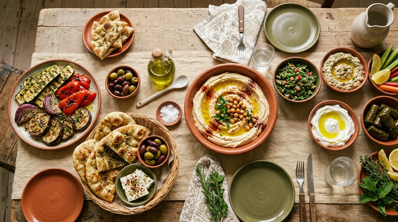 Table méditerranéenne de mezze et d'huile d'olive en pleine lumière