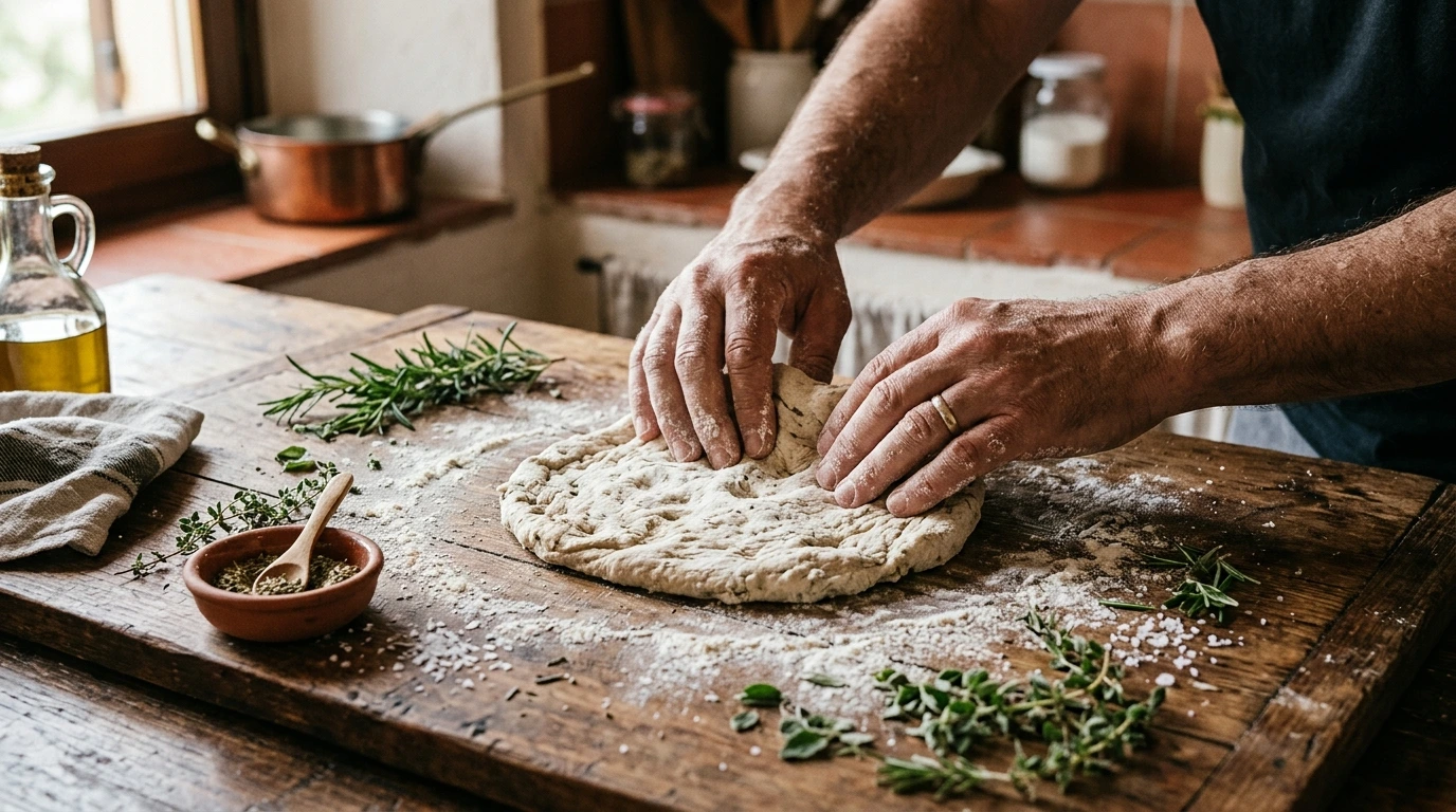 Mains pétrissant une pâte à pain plat sur un plan de travail en bois