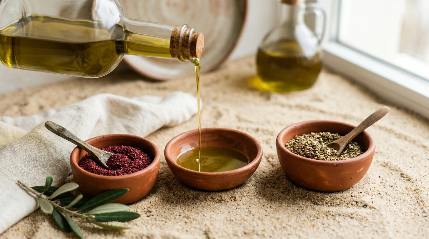 Filet d'huile d'olive versé près de bols d'épices levantines