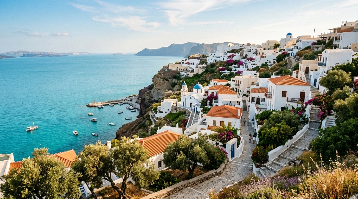Village méditerranéen blanc surplombant une mer turquoise