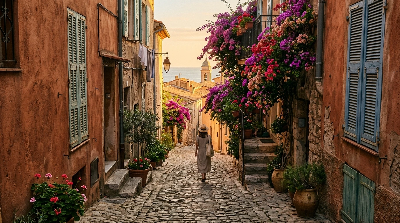 Ruelle en pierre d'un bourg méditerranéen avec persiennes et bougainvillier