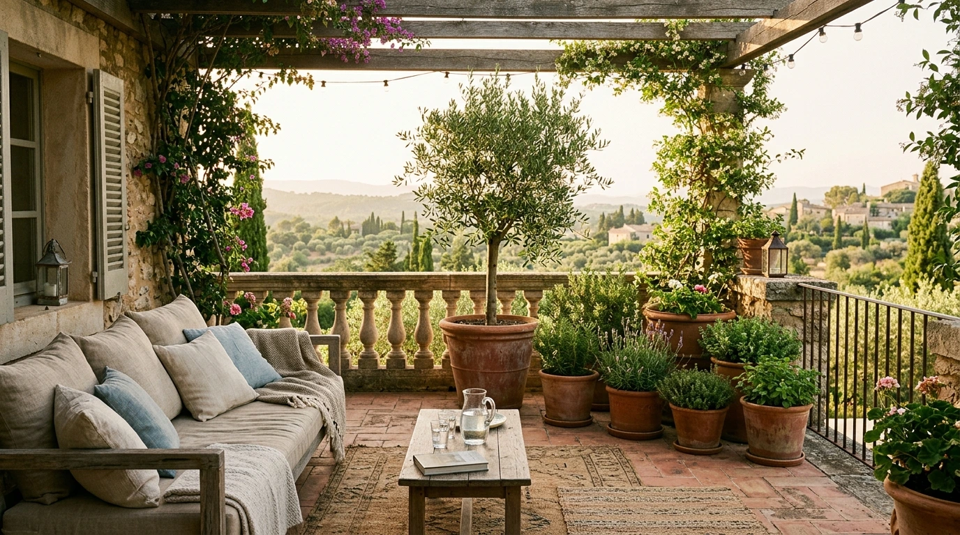 Terrasse méridionale ombragée avec plantes en pot