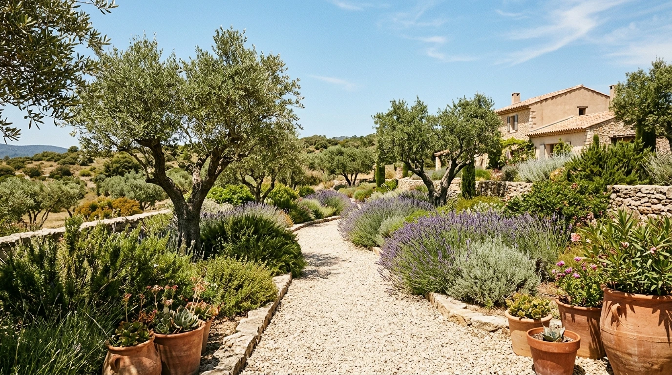 Jardin sec méditerranéen baigné de soleil, oliviers et lavande