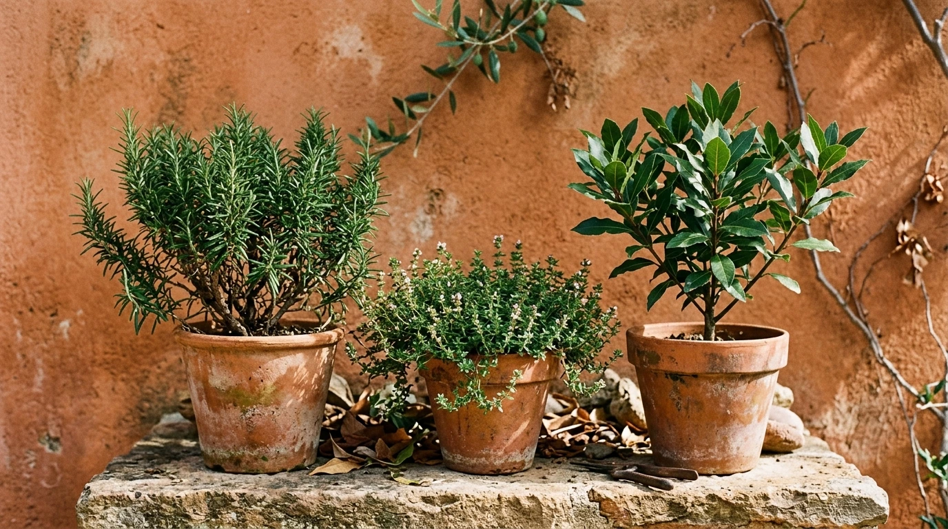 Plants de romarin, thym et laurier en pot sur fond de terre cuite