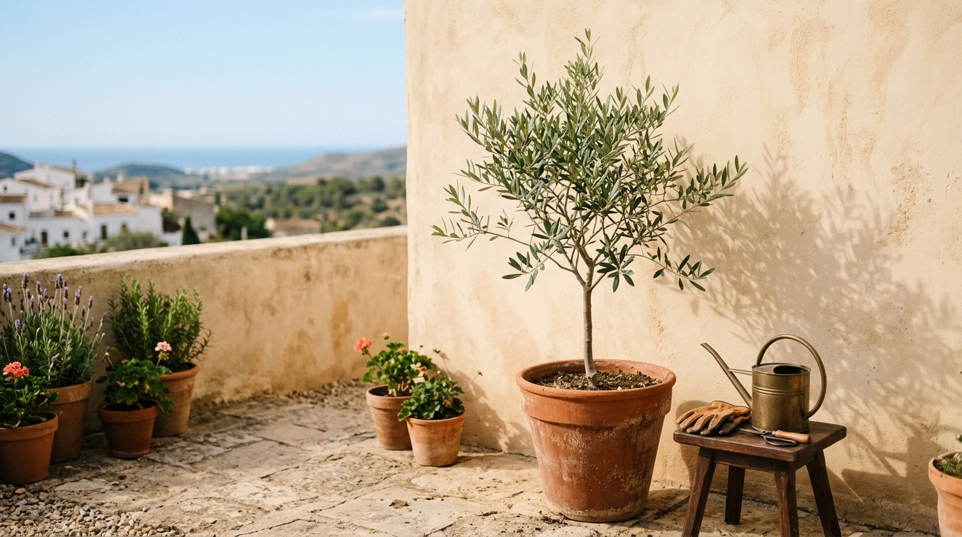 Jeune olivier en pot sur une terrasse ensoleillée