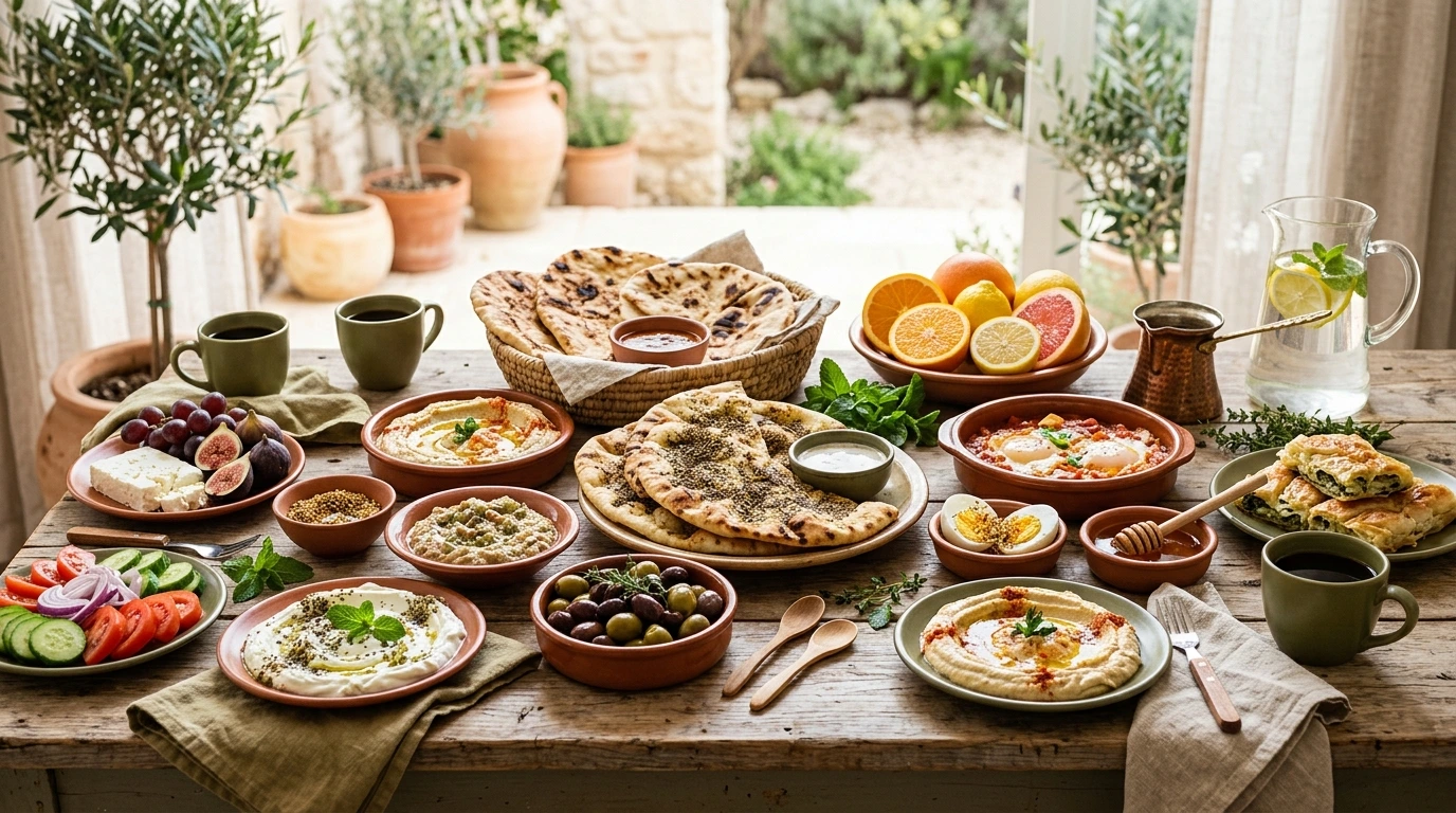 Superbe table de petit déjeuner libanais avec mezze, falafels, olives et pain chaud