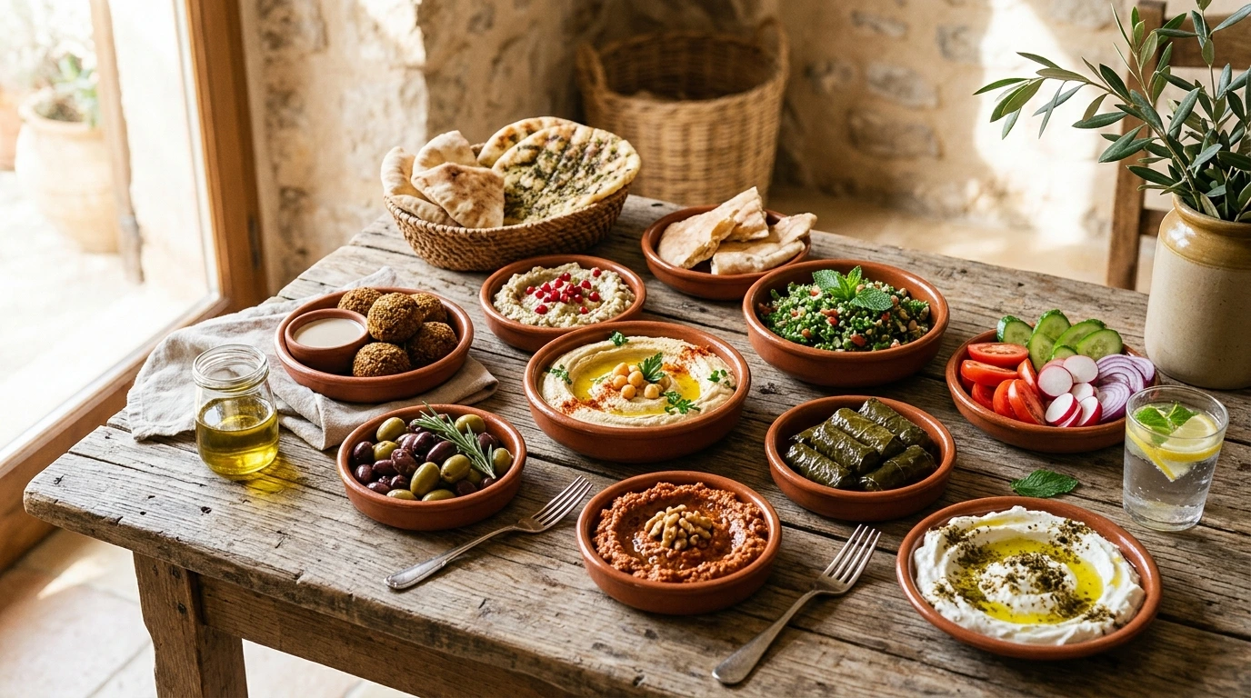 Mezze méditerranéen sur une table en bois