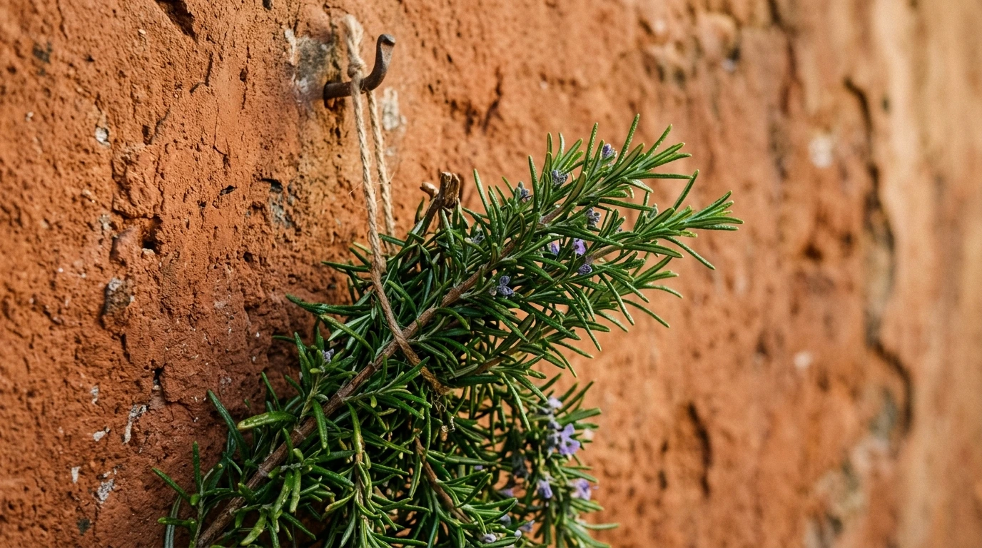 Branches de romarin sur mur en terre cuite rustique