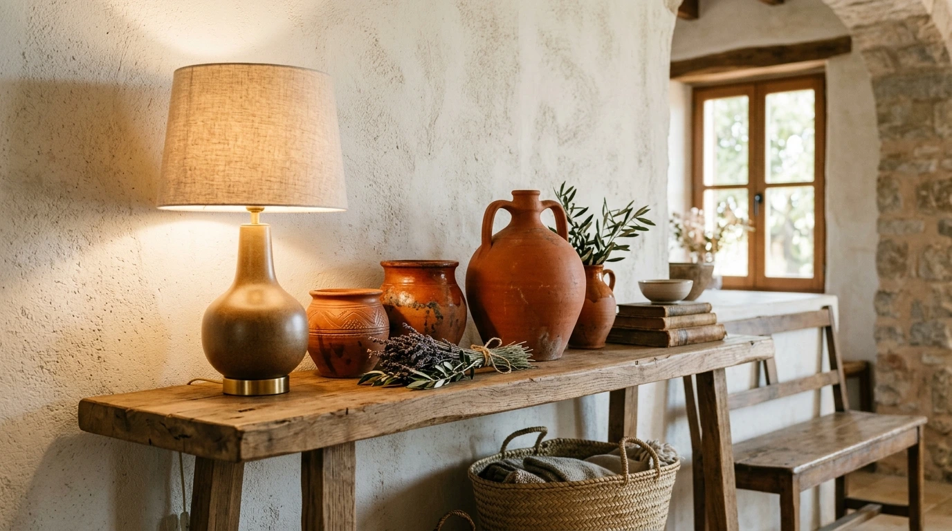 Une étagère rustique avec poterie méditerranéenne en terre cuite et lampe design