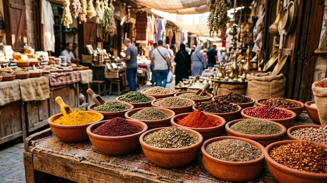 Assortiment d'épices colorées en bols de terre cuite au marché