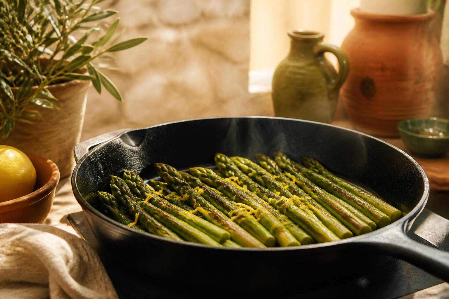 Asperges vertes dorées saisies à la poêle en fonte avec du citron