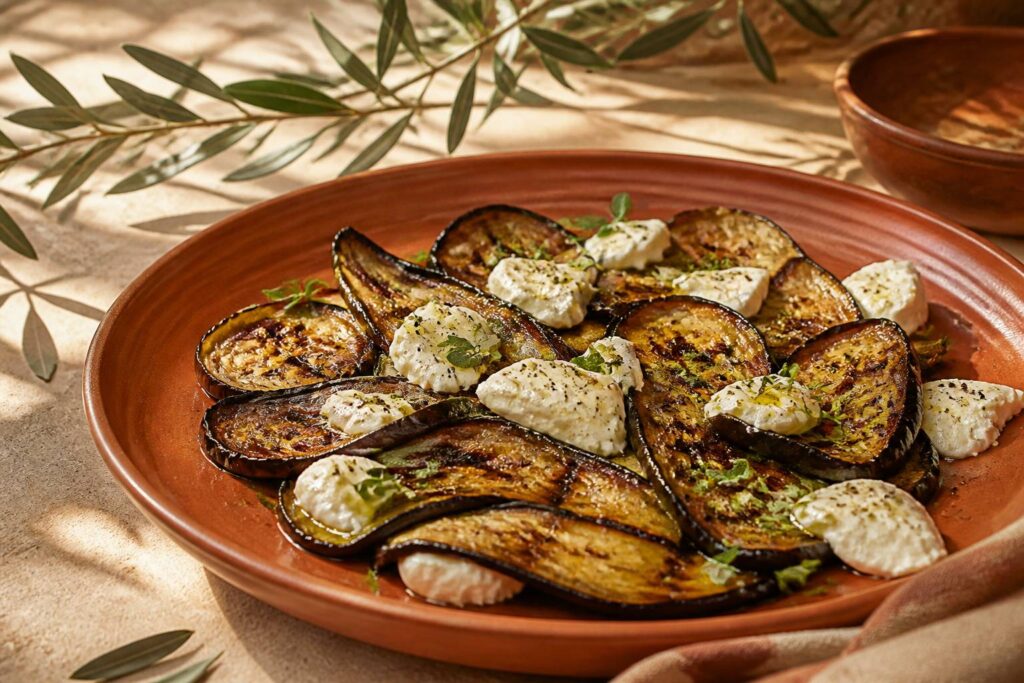Tranches d'aubergines grillées dorées avec mozzarella et herbes