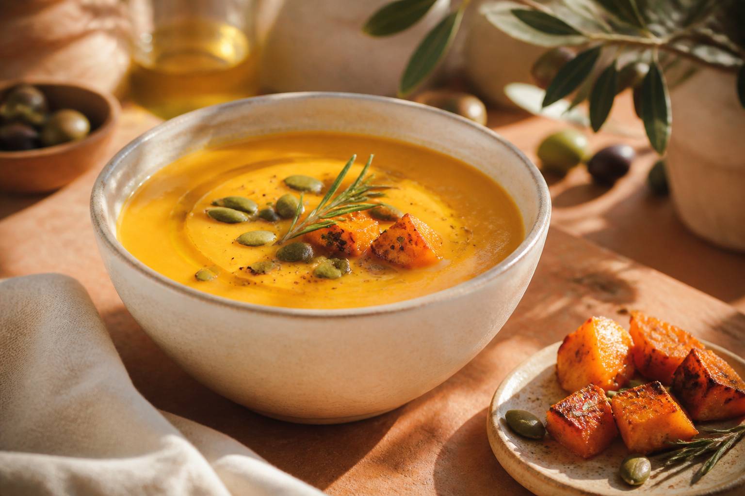 Bol de soupe de butternut onctueuse avec filet d'huile d'olive, graines de courge et romarin