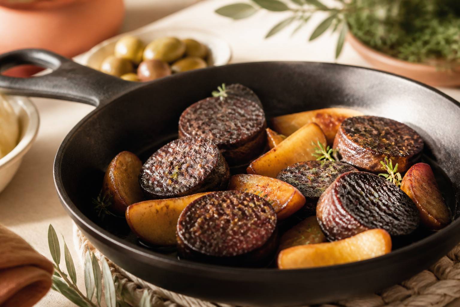 Tranches de boudin noir à la peau dorée cuites en poêle en fonte avec pommes