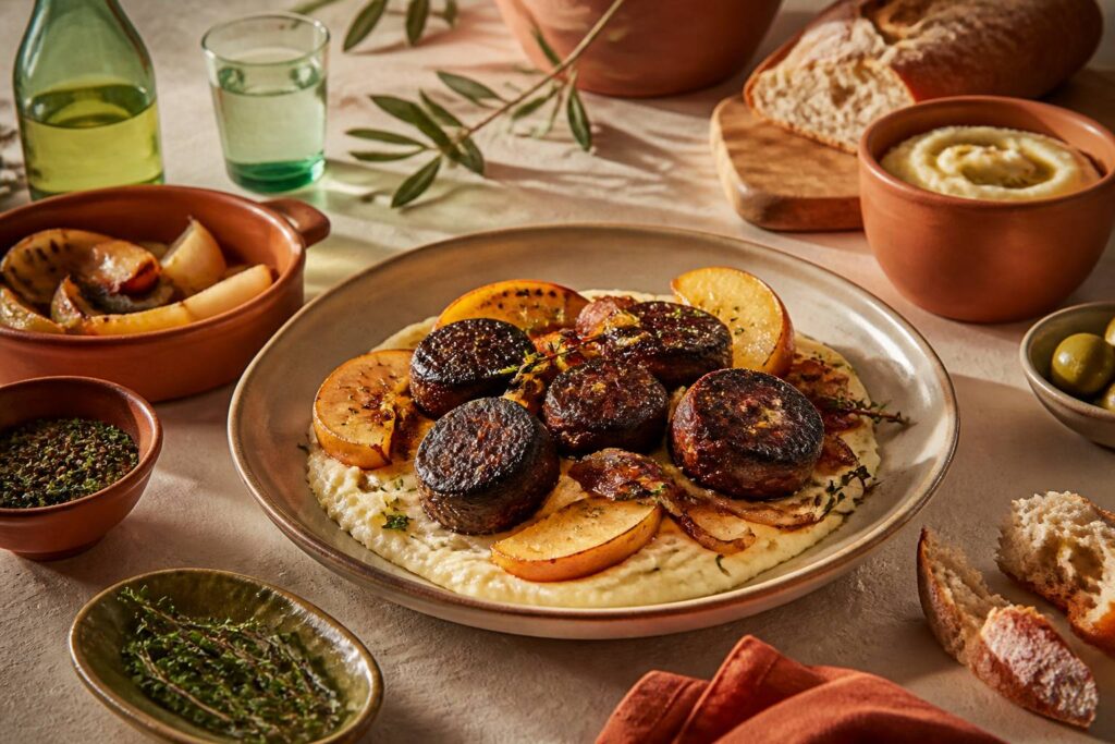 Table méditerranéenne avec boudin noir doré, pommes rôties et oignons compotés