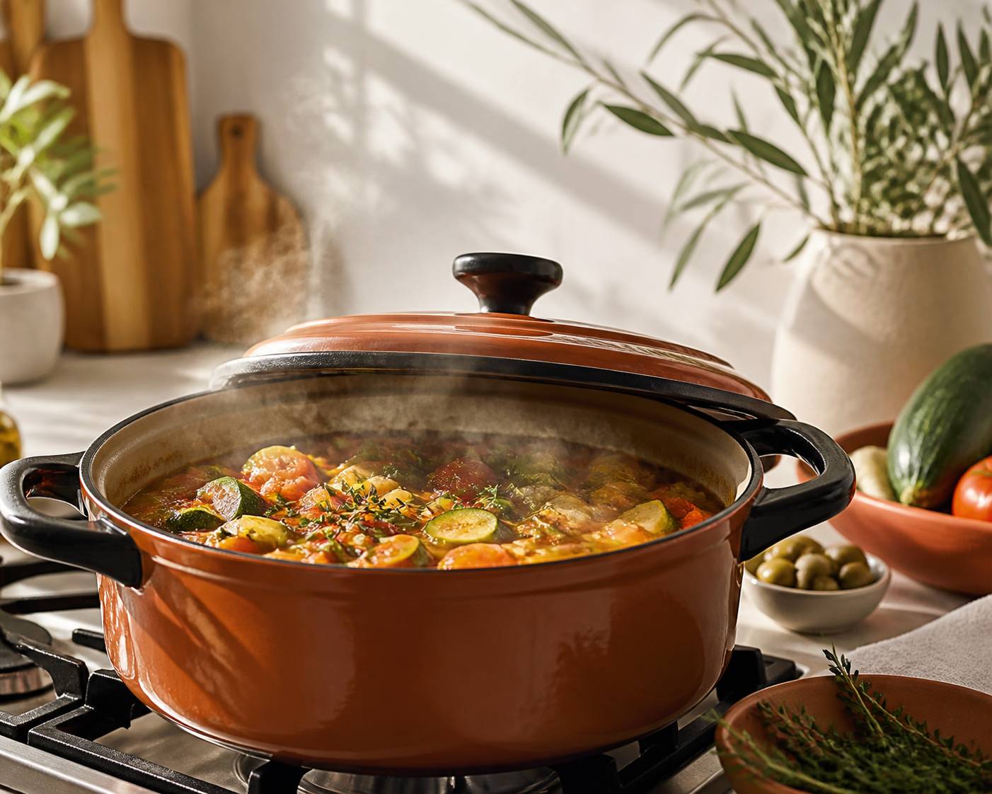 Cocotte en fonte sur la cuisinière avec couvercle soulevé et légumes mijotés