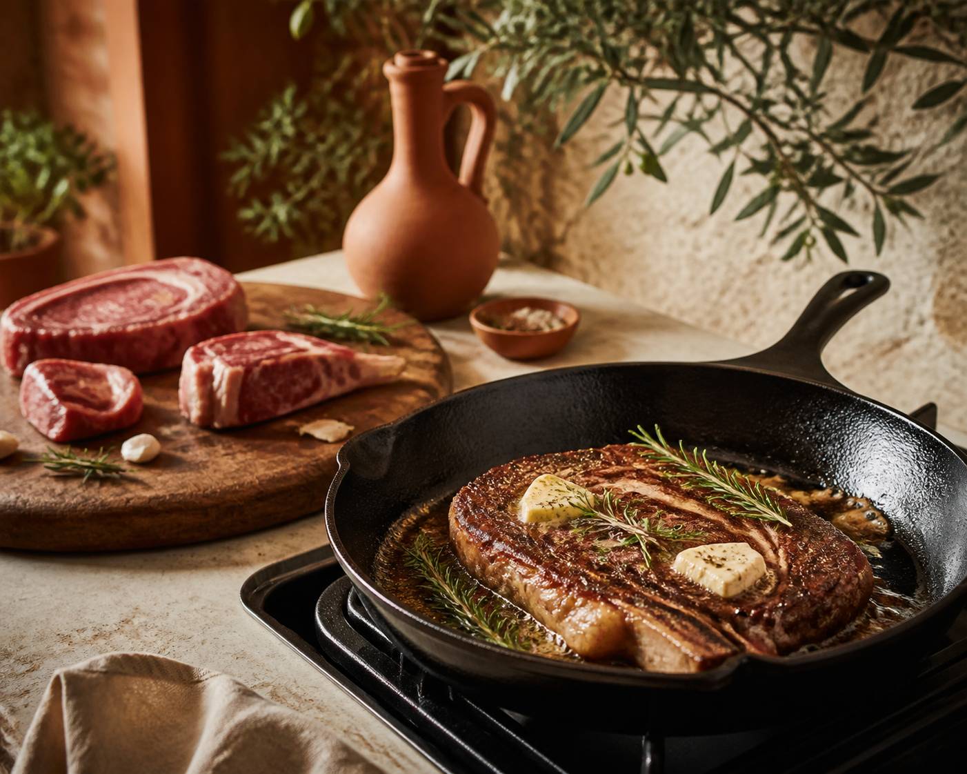 Côte de bœuf saisie dans une poêle en fonte avec du romarin