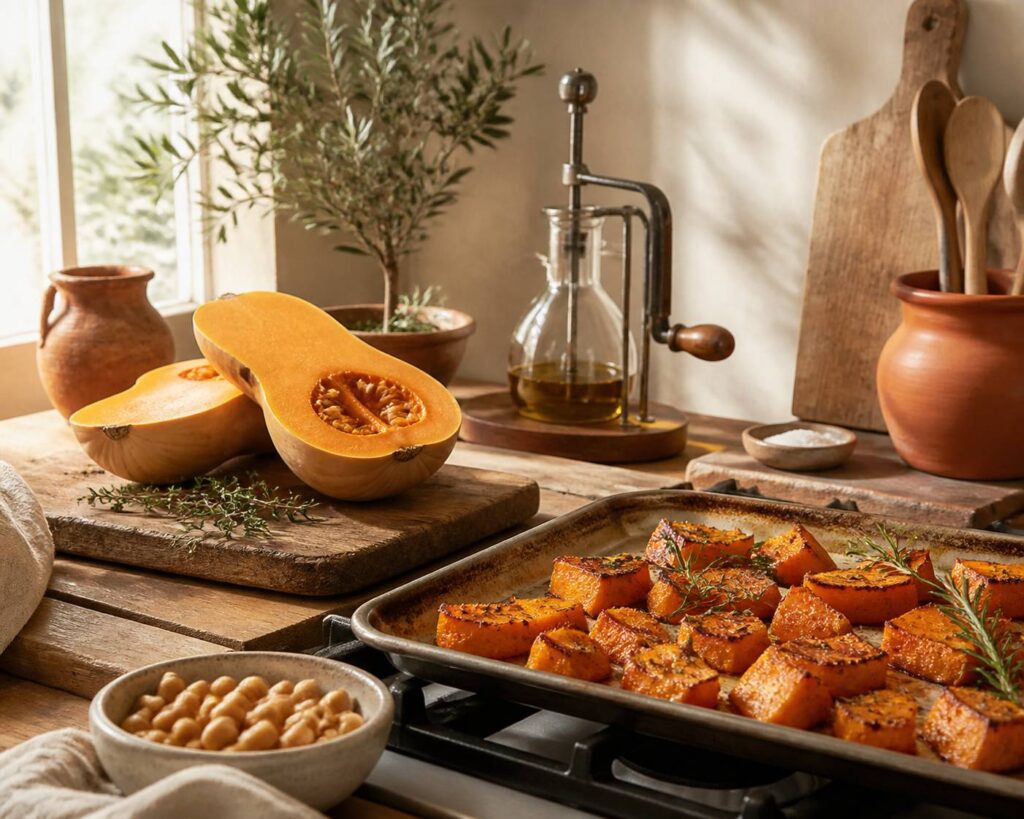 Cuisine méditerranéenne avec morceaux de courge butternut rôtis caramélisés, romarin et pois chiches