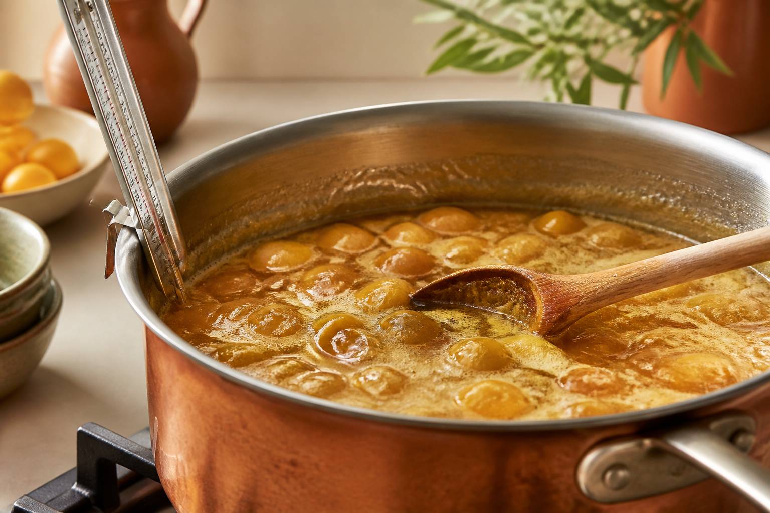 Confiture de mirabelles en cuisson avec une cuillère en bois