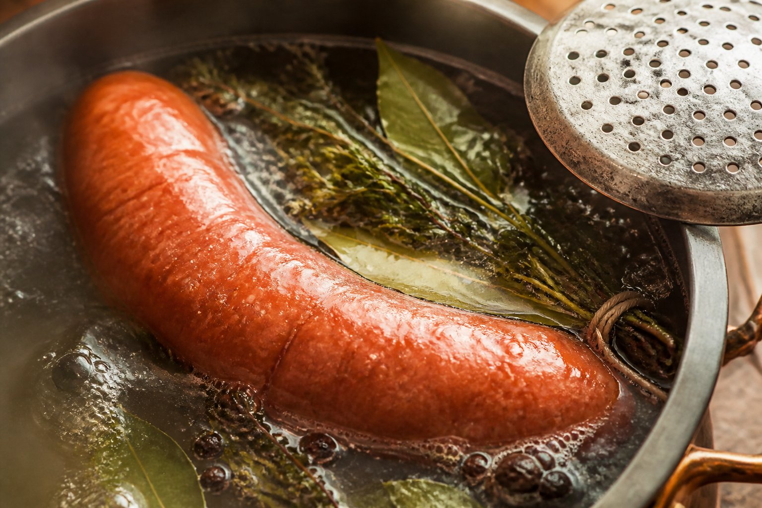 Saucisse fumée dans un bouillon frémissant avec bouquet garni et écumoire