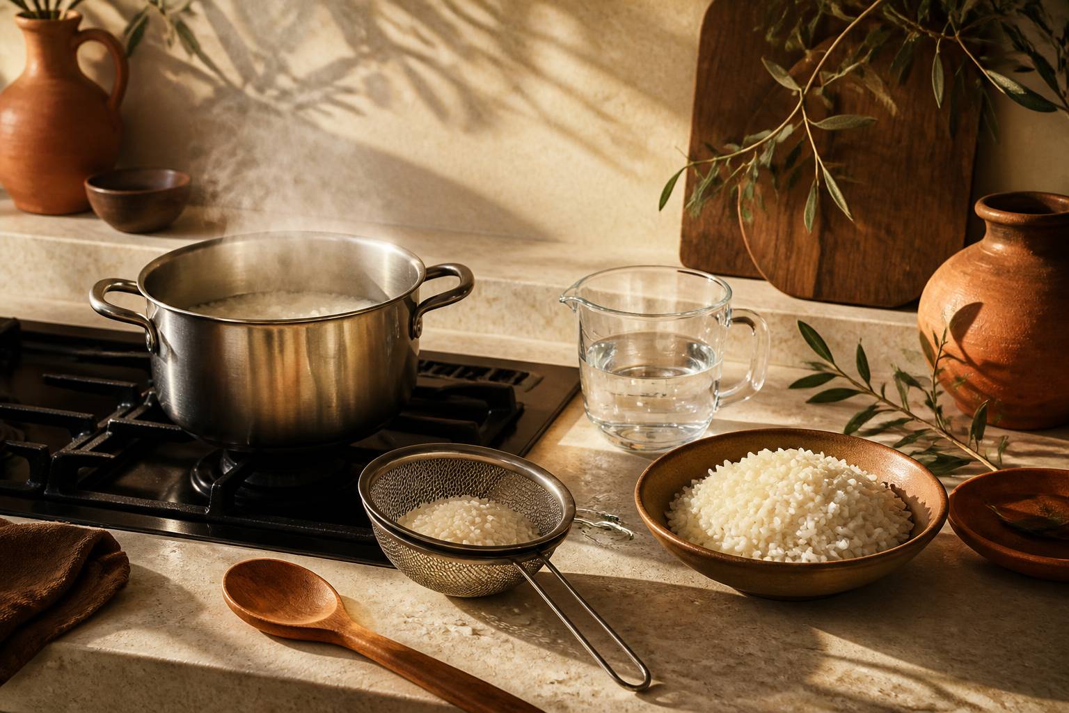 Casserole de riz en cuisson avec vapeur dans une cuisine