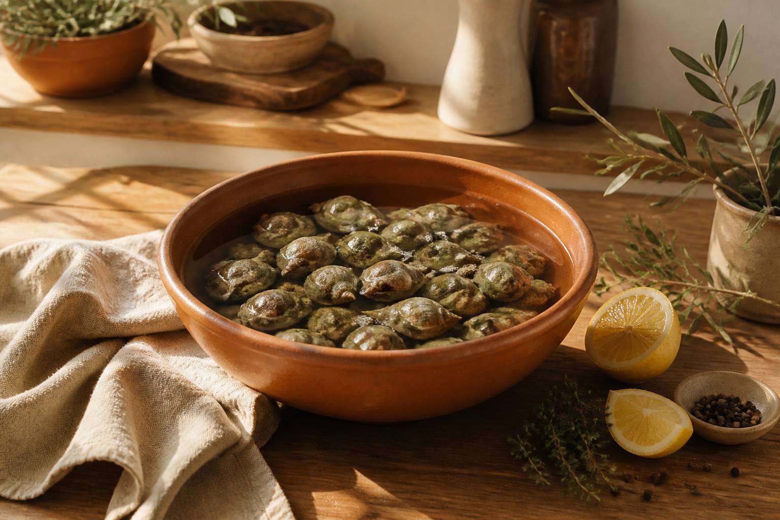 Saladier en terre cuite de bulots en dégorgement dans l'eau salée avec citron et thym sur plan de travail