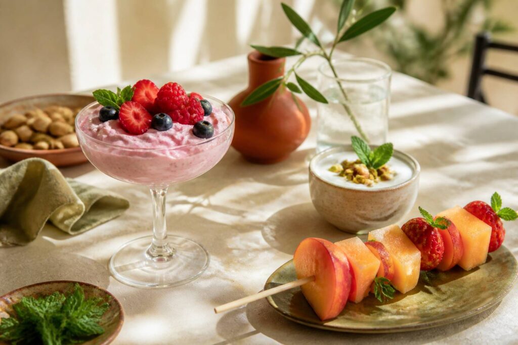 Coupe de mousse légère aux fruits rouges avec brochette de fruits frais