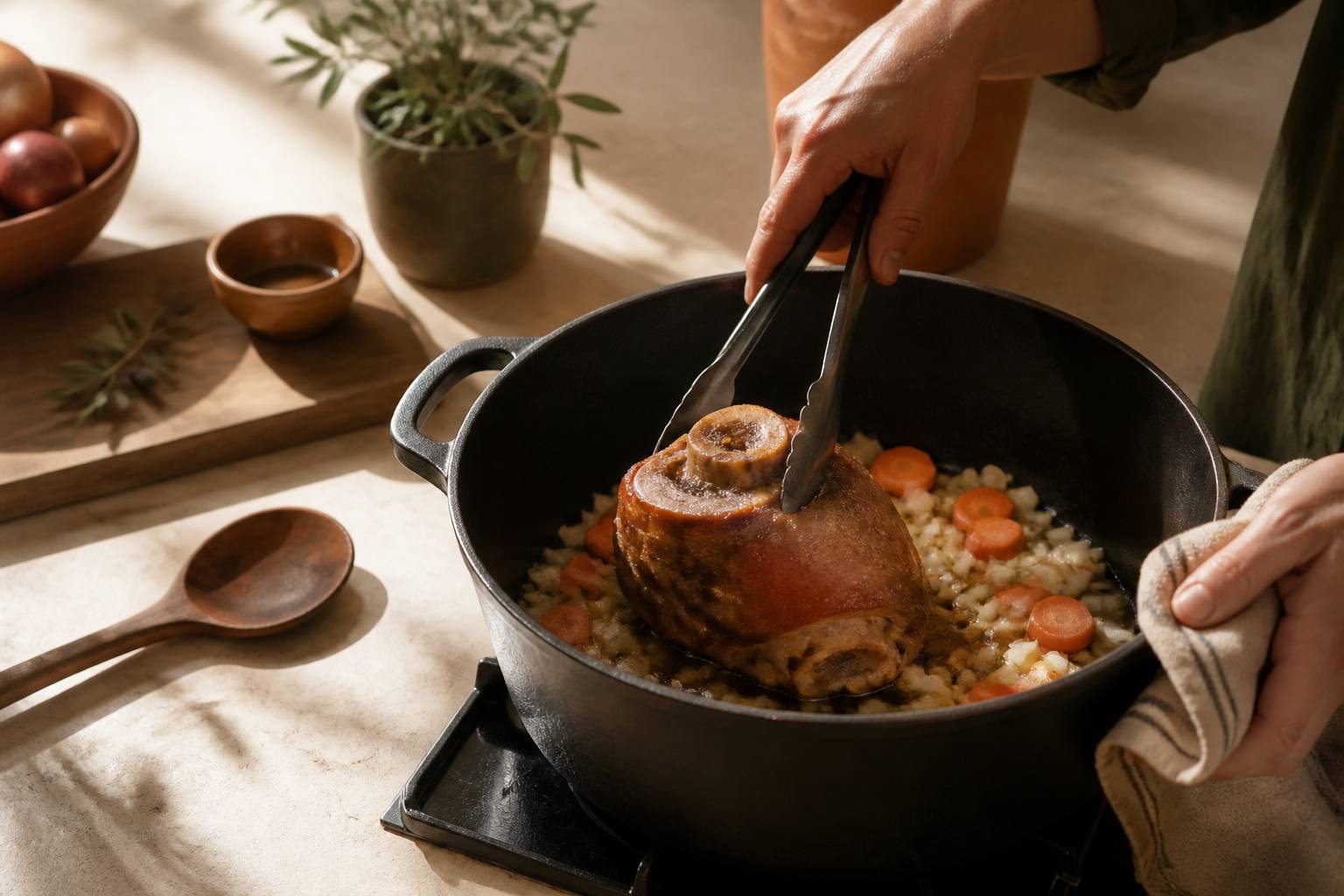 Mains faisant dorer un jarret de porc dans une cocotte en fonte avec légumes