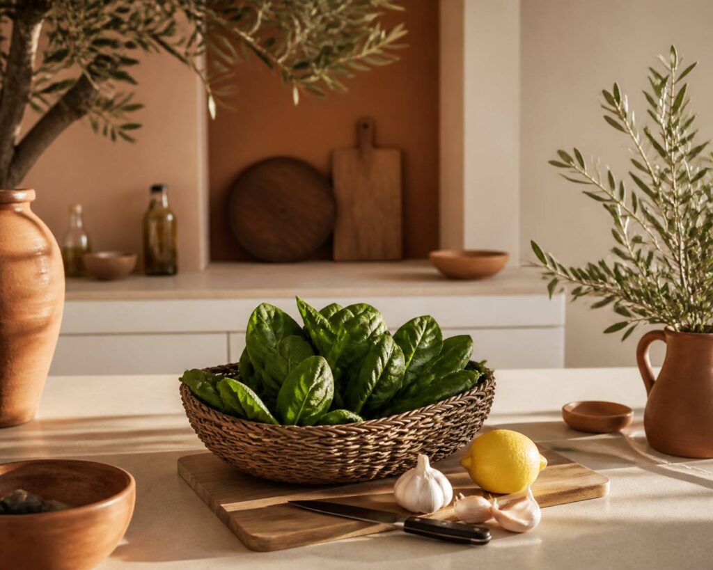Feuilles d'épinards fraîches dans un panier avec des herbes et un citron