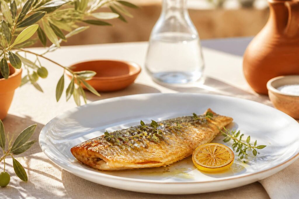 Filet de lingue poêlé au citron dressé avec des herbes méditerranéennes