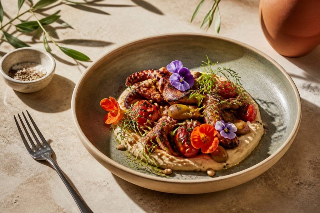 Assiette raffinée garnie de fleurs comestibles et d'herbes fraîches