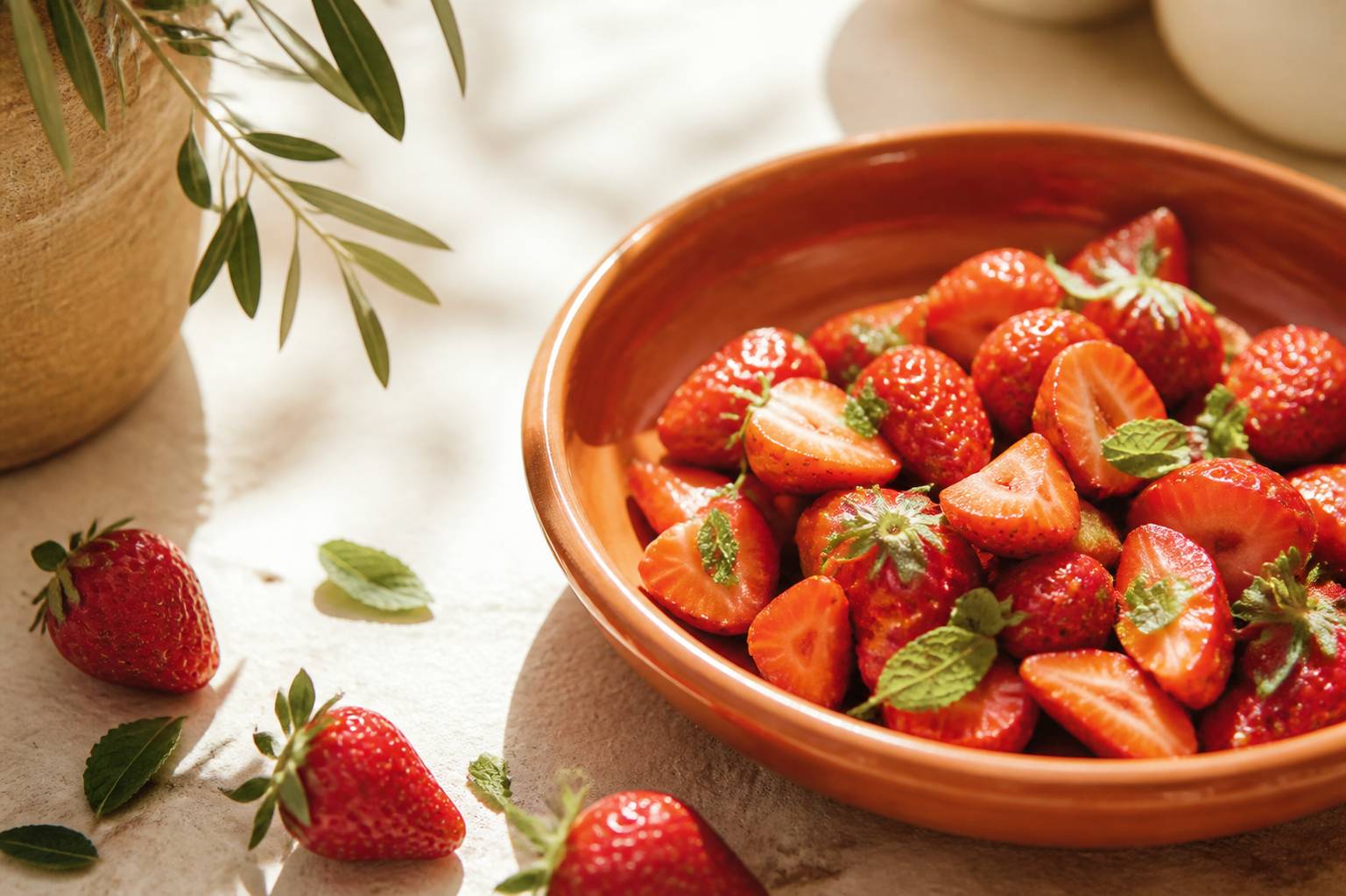Fraises coupées dans un bol avec des feuilles de menthe fraîche