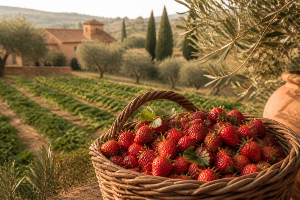 Panier de fraises fraîches devant un champ de fraisiers