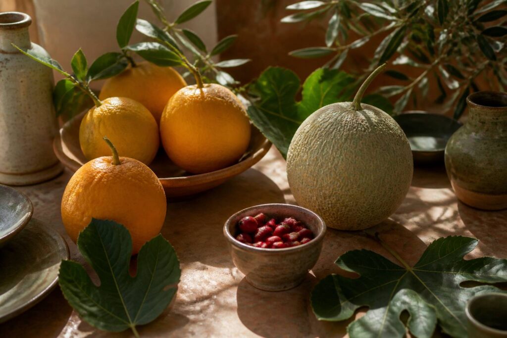 Agrumes, melon miel et baies rouges sur une table méditerranéenne