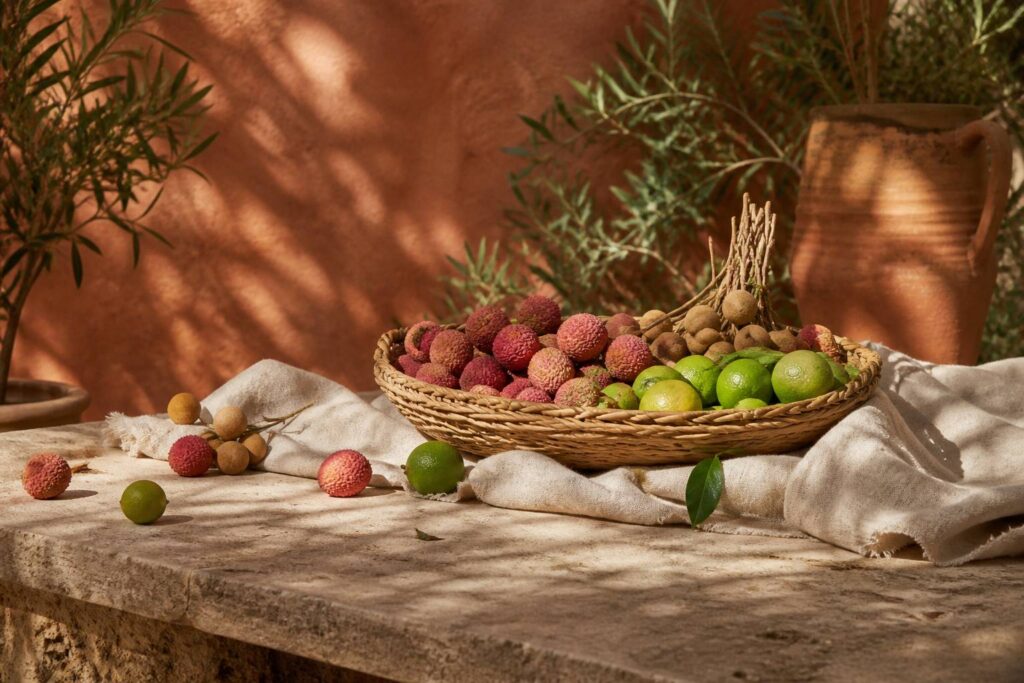 Corbeille de litchis limes et longanes sur une table