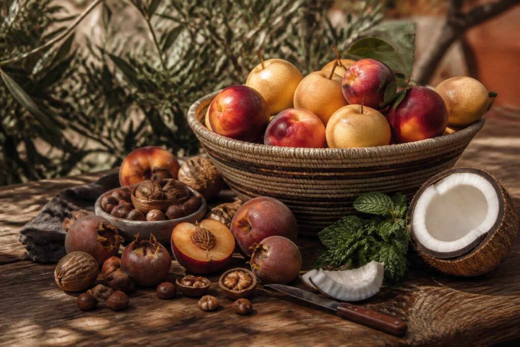 Composition de fruits en N : nectarine, nashi, nèfle, noix et noix de coco