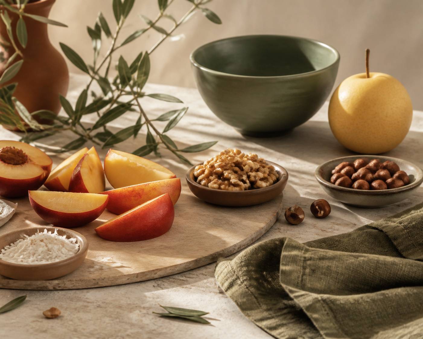 Nectarine coupée, nashi et noisettes préparés sur un plan de travail