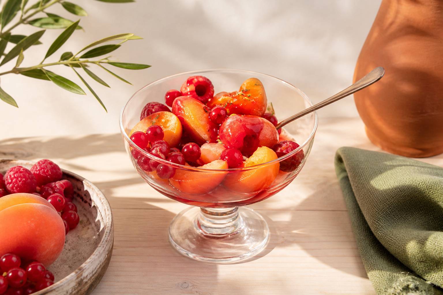 Coupe de fruits de saison fraîchement coupés avec un filet de coulis