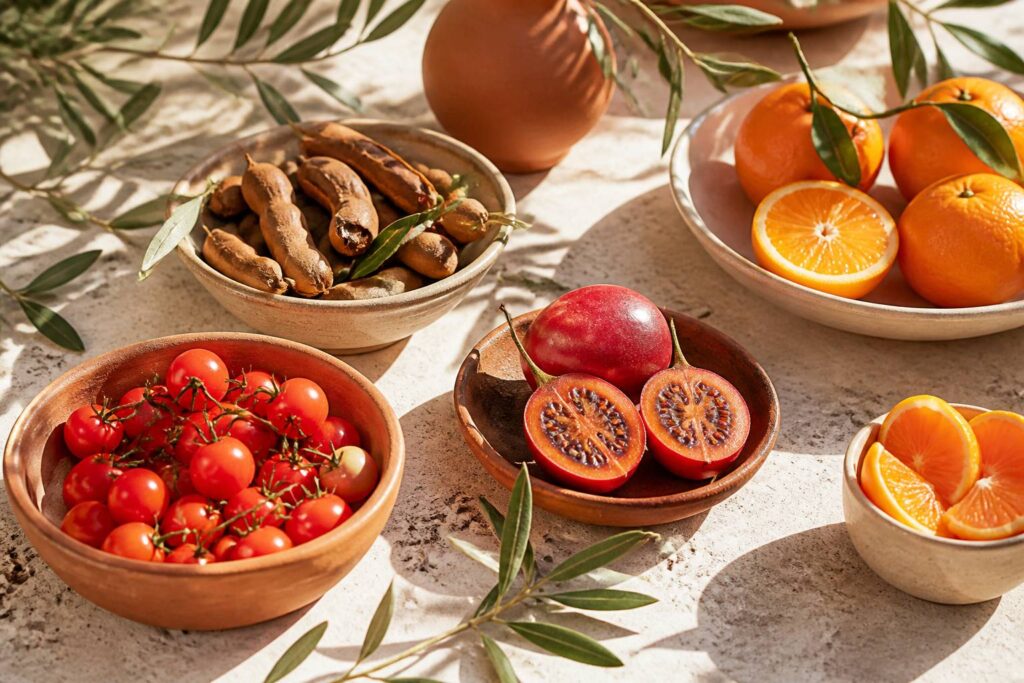 Tomates cerises, tamarin et tangelos disposés dans des coupelles en céramique