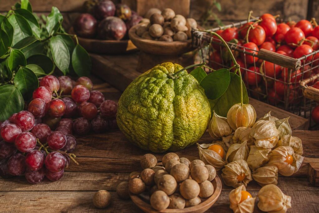 Étal de fruits exotiques avec ugli, physalis et raisins