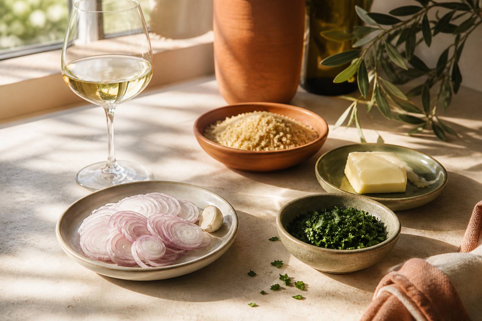 Échalotes, persil et vin blanc pour préparer une garniture bordelaise