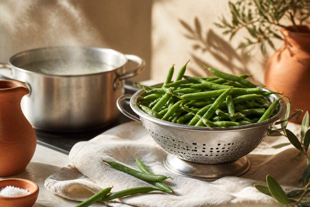 Haricots verts frais et brillants dans une passoire en métal