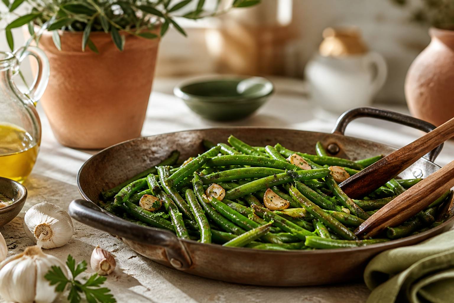 Haricots verts dorés sautés à la poêle avec de l'ail et du persil