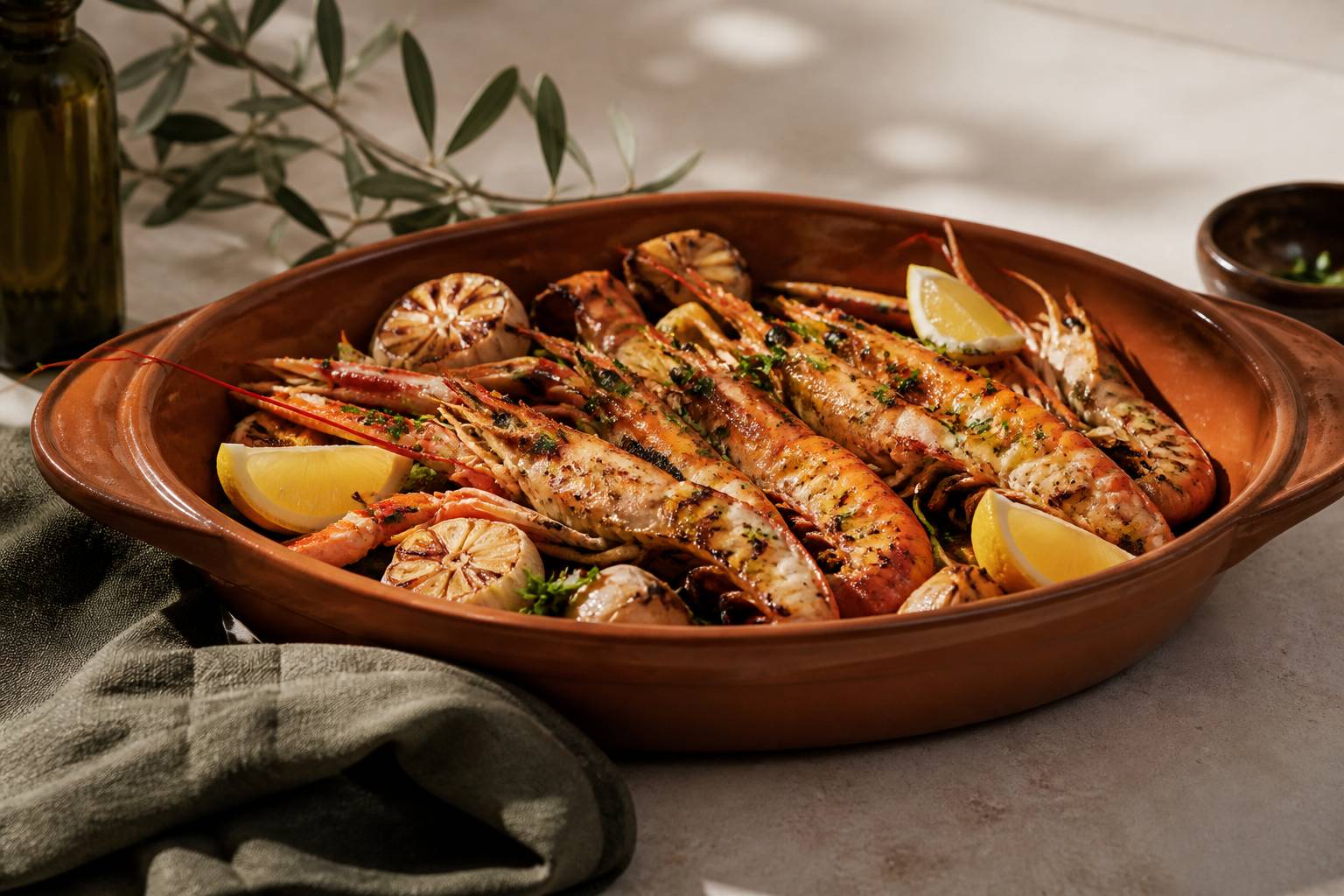 Langoustines grillées servies dans un plat avec de l'ail, du persil et des quartiers de citron