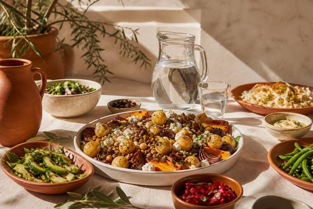 Assiette composée de légumes rôtis et de féculents méditerranéens