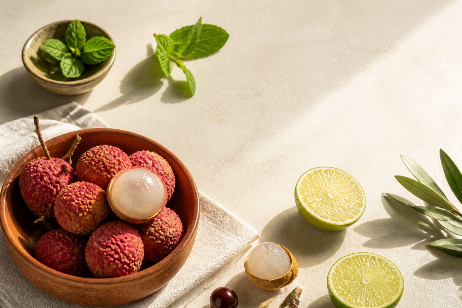 Litchis et limes préparés dans des coupelles en céramique