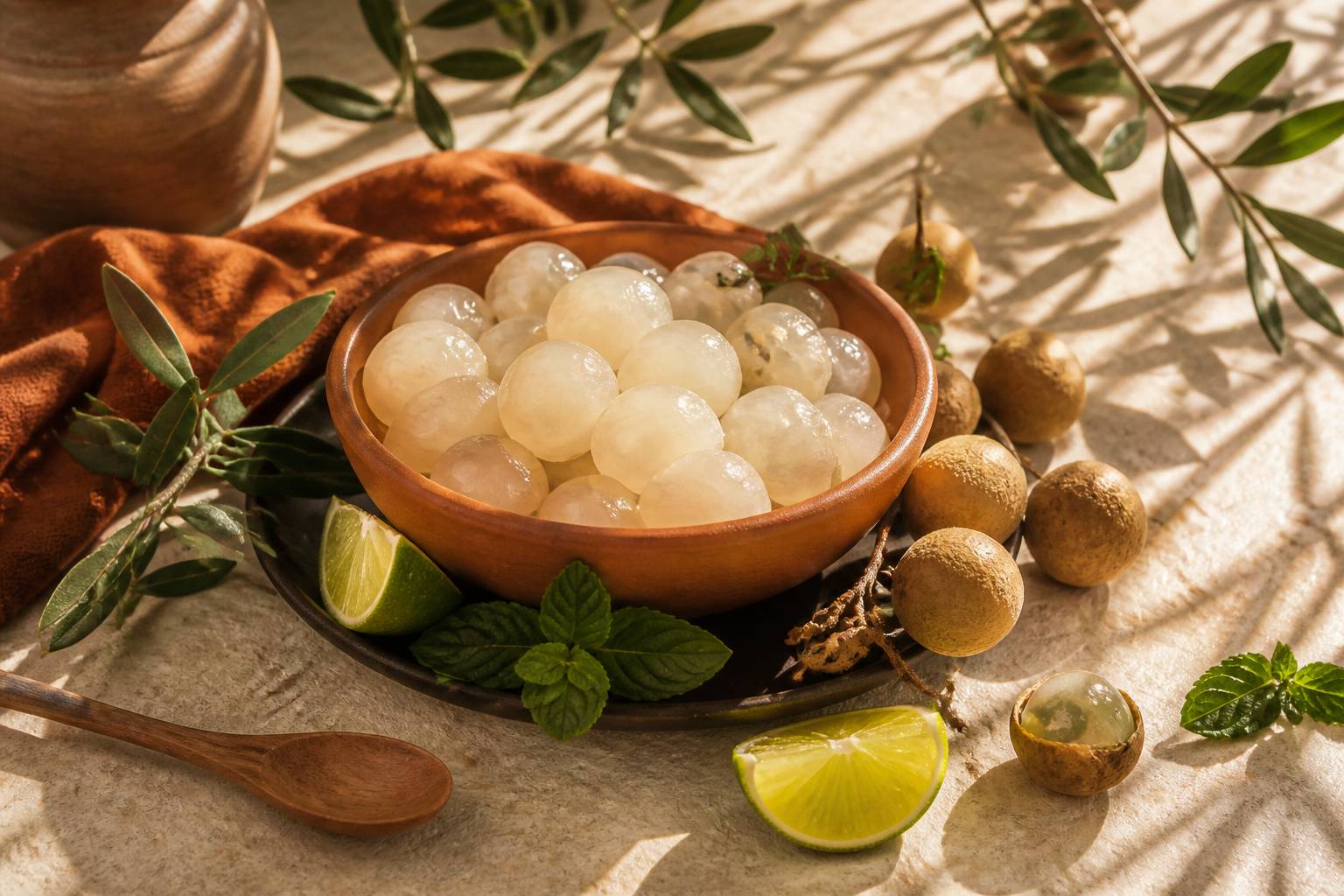 Longanes épluchés à la pulpe translucide dans un bol avec du citron vert