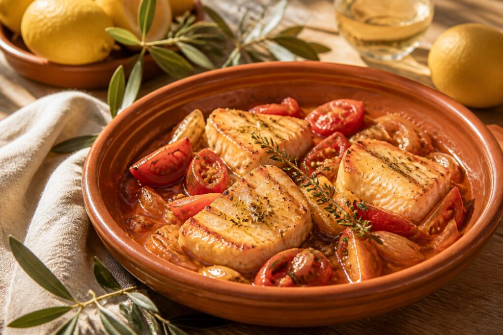 Médaillons de lotte nappés d'une sauce tomatée brillante dans un plat en terre cuite