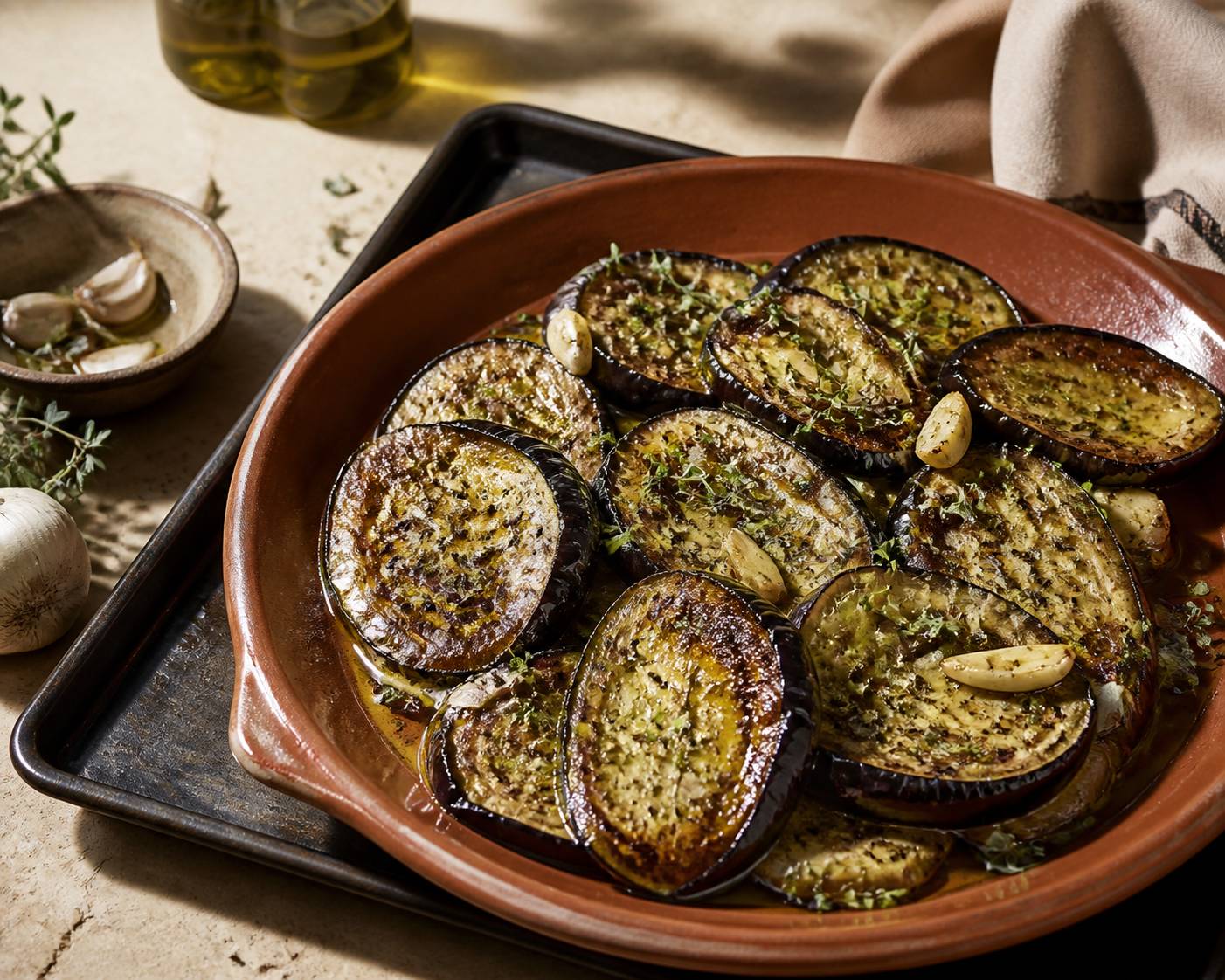 Tranches d'aubergines marinées dans un plat avec huile d'olive