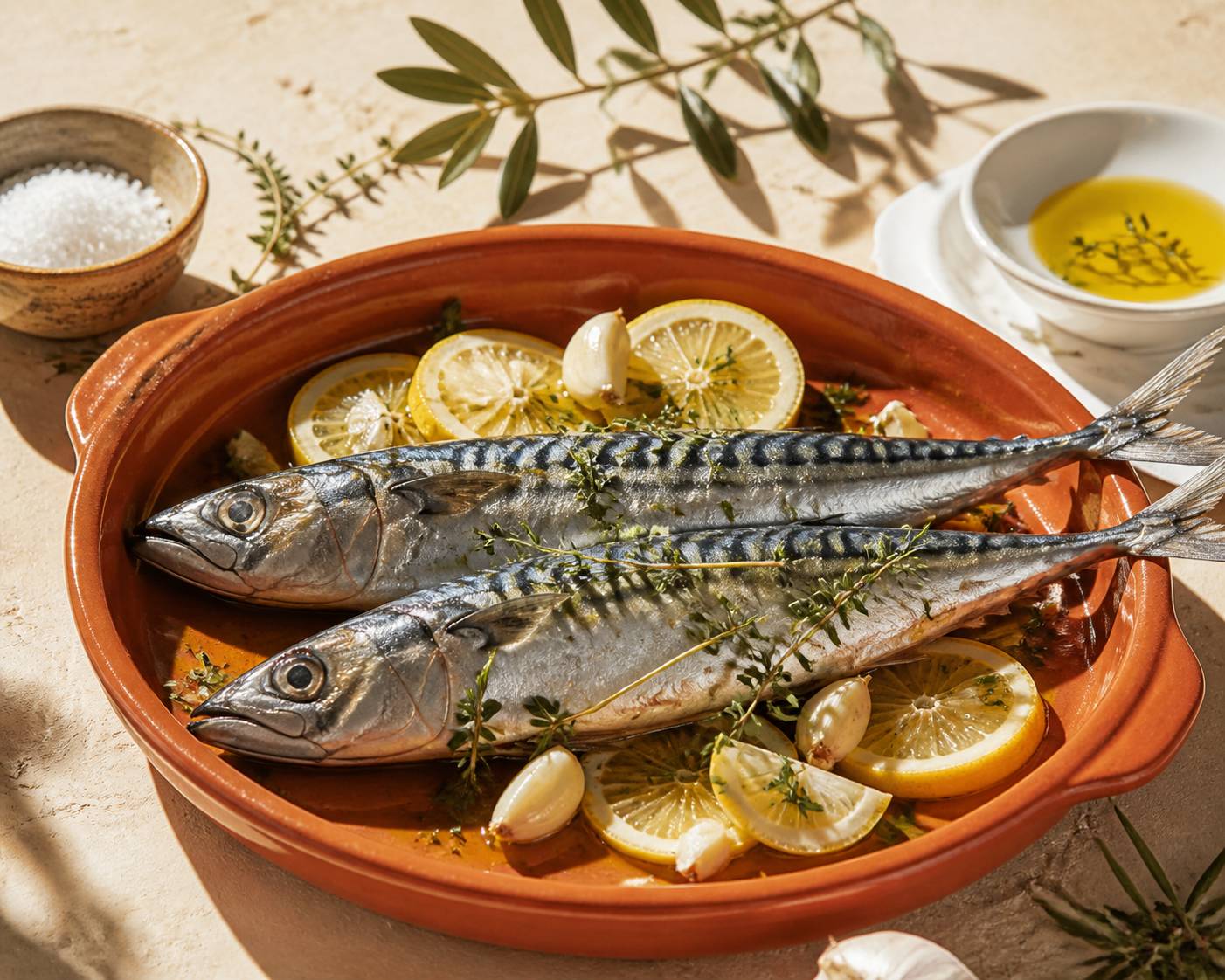 Maquereau en marinade au citron, ail et herbes fraîches avant cuisson